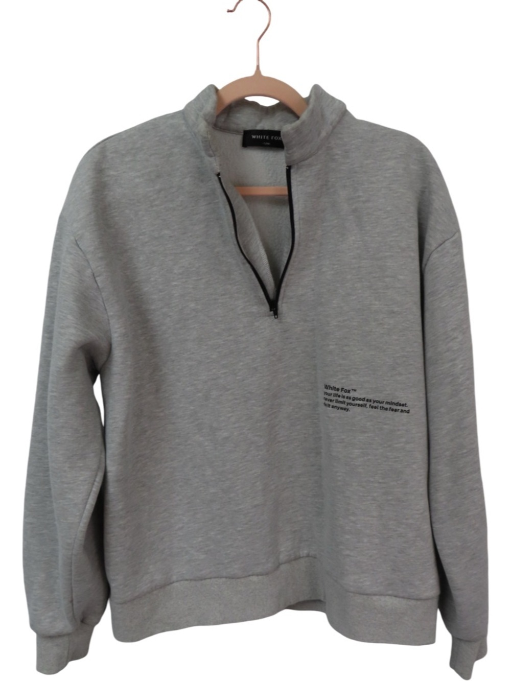 White Fox Half Zip Pullover S/M Gray Cozy Fleece Sweatshirt Minimal Lounge